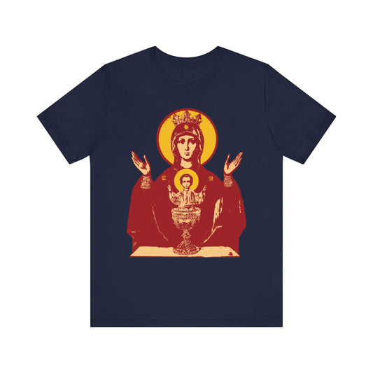 Navy unisex cotton t-shirt featuring the Holy Theotokos IconoGraphic of the Inexhaustible Chalice, Deliverer from Addictions and Conqueror of Passions, with Christ child in red and gold accents.