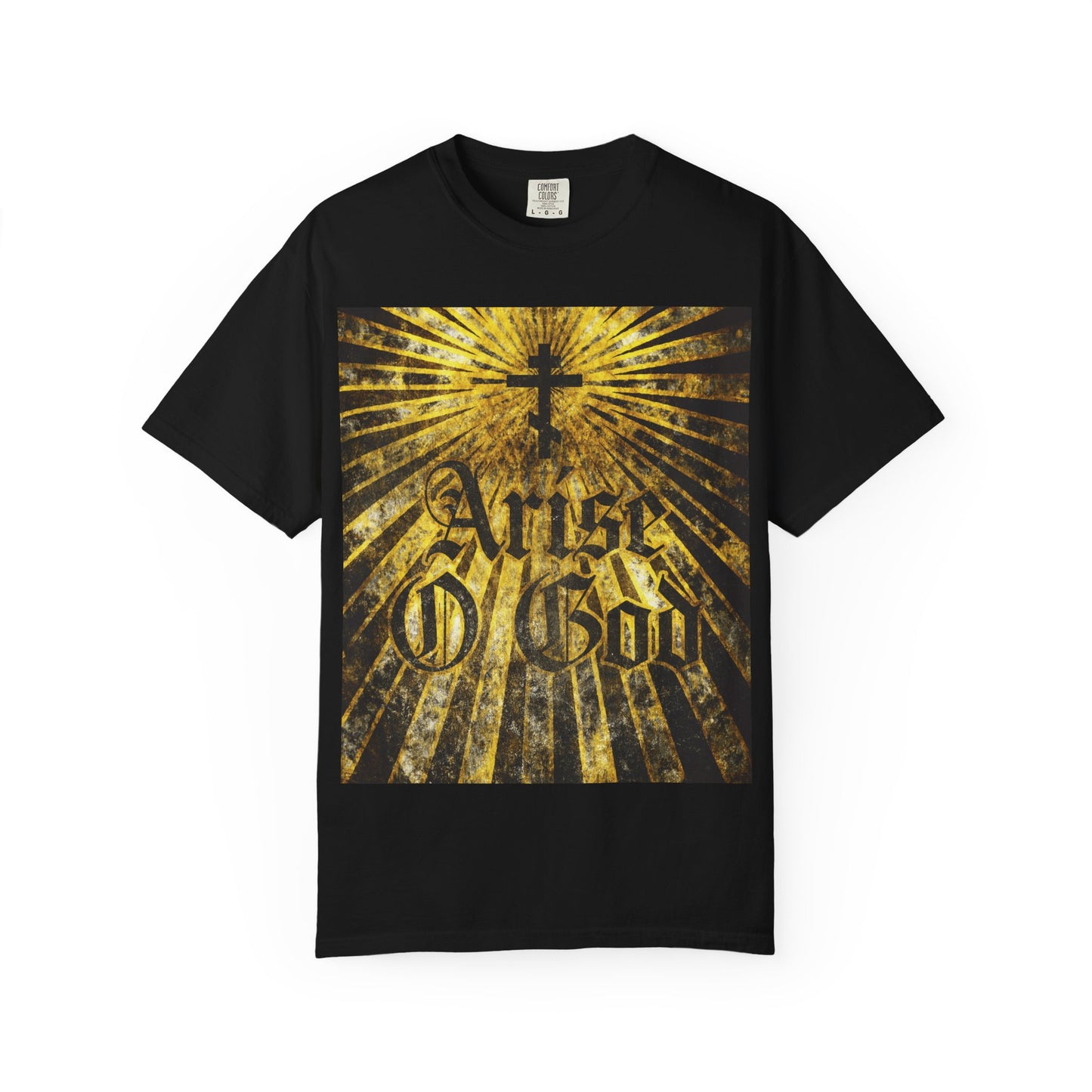 Arise O God | Psalm 81 (82 LXX) | Textured Gothic Font w/ Orthodox Cross & Golden Rays | Divine Council | Heavyweight Cotton Unisex T-Shirt