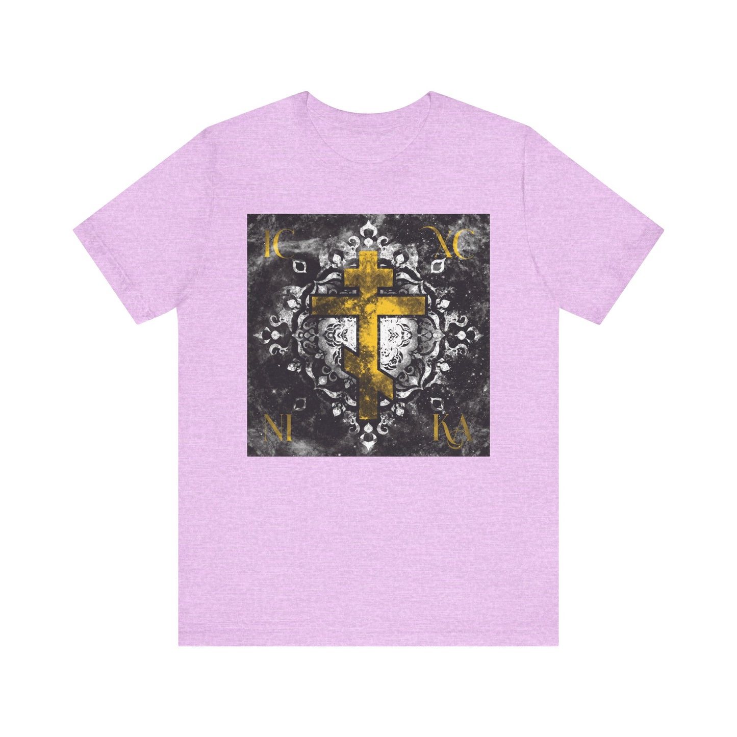 Gold ICXC NIKA Orthodox Cross on a grayscale ornate floral texture background, centered on the front of this lavender lightweight cotton unisex tee—an Orthodox Christian shirt inspired by Wednesday Matins and reflecting the solemn beauty of Christ God's sacrifice.