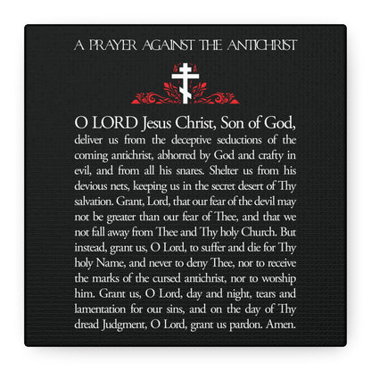 Orthodox Christian wall art featuring a prayer against the antichrist by Elder Anatoly the Younger of Optina, with "Christ is King" and Book of Revelation themes, plus a white cross and red floral design on a black background.