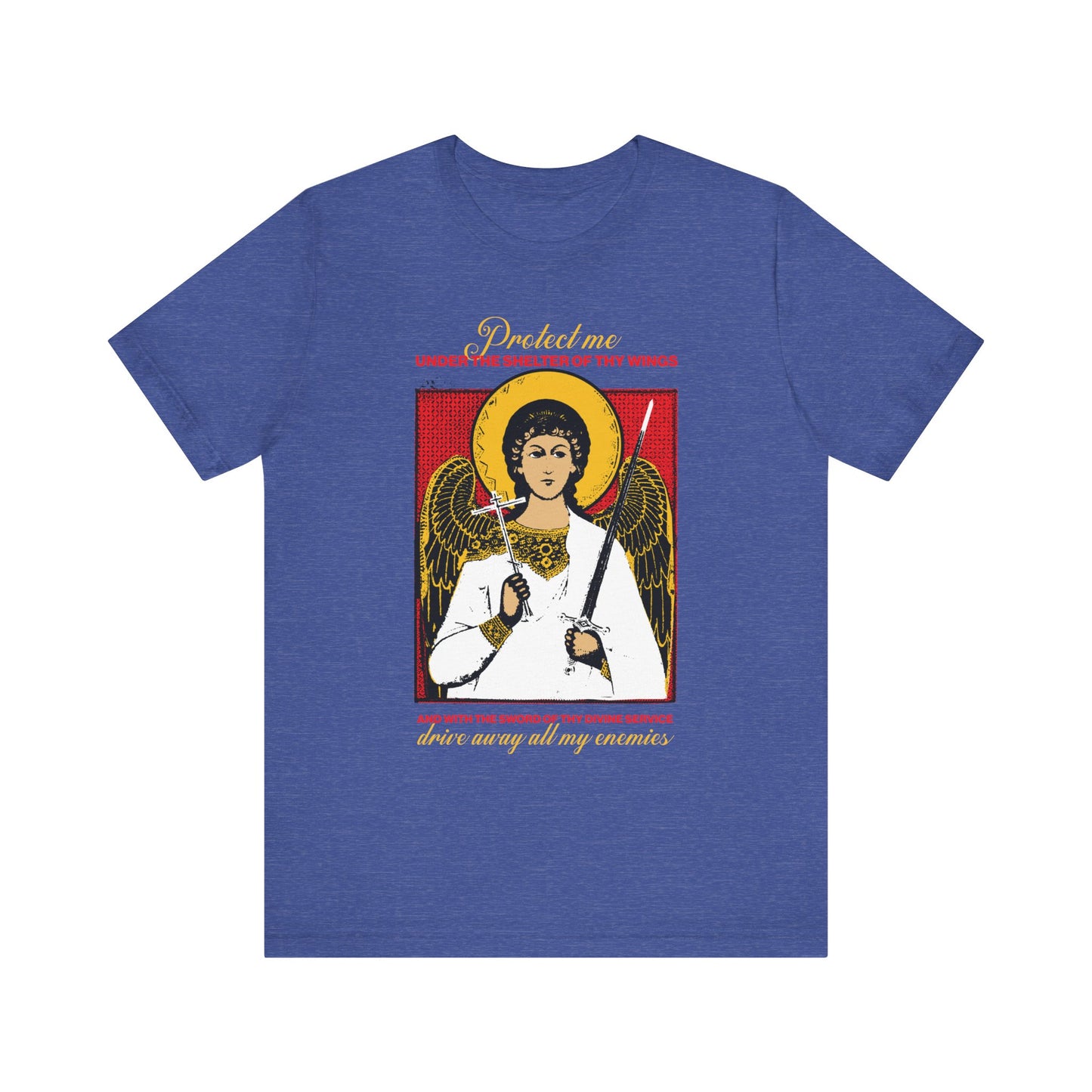 Heather True Royal unisex t-shirt with Holy Guardian Angel holding sword & cross icon and "Drive Away My Enemies" prayer, symbolizing protection. Lightweight cotton for comfort.