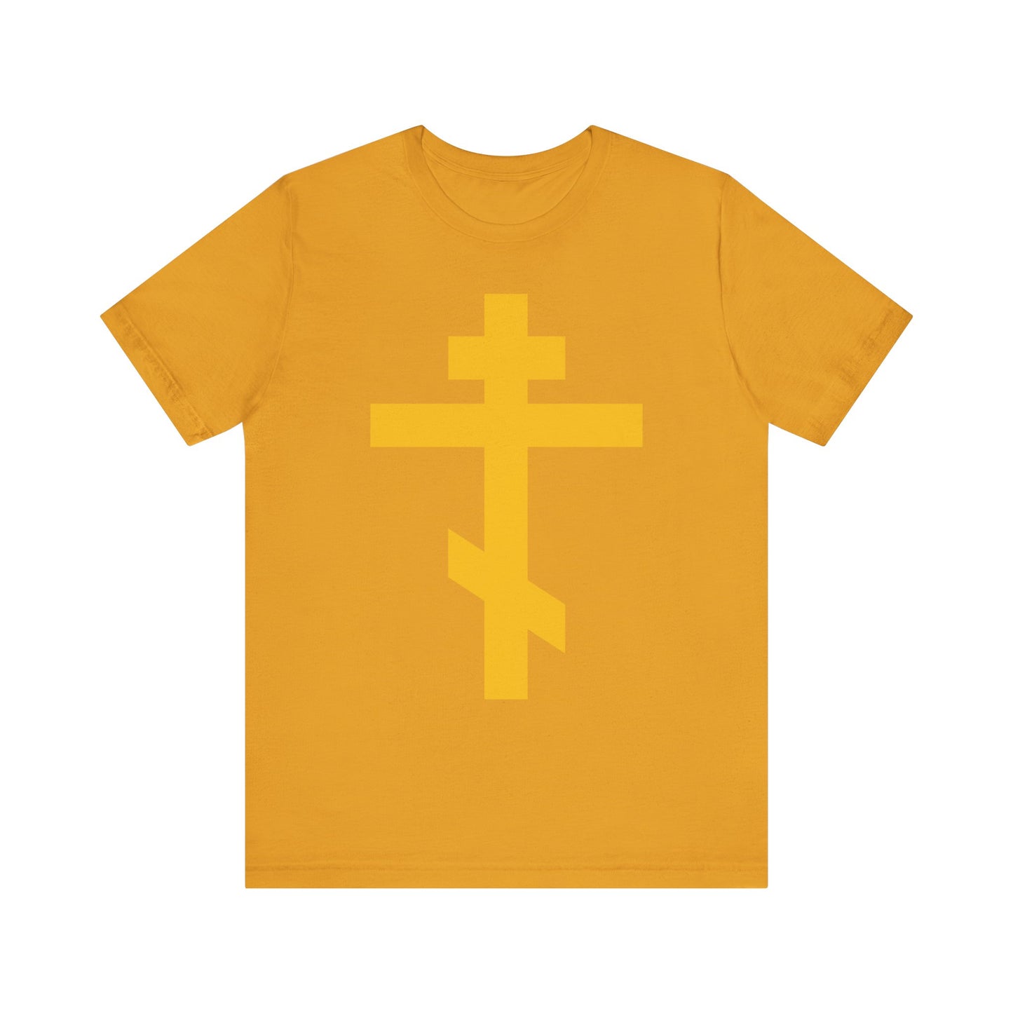 Introducing the Yellow Orthodox Cross | Precious and Life-Giving Weapon of Unseen Warfare | Scourge of Demons Christian Lightweight Cotton Unisex Tee, a mustard yellow t-shirt adorned with a bold Orthodox cross in a lighter yellow shade on the front. Inspired by the spiritual message of Galatians 2:20, this tee is perfect for those who wish to express being crucified with Christ and embody their faith during Christian meditation.