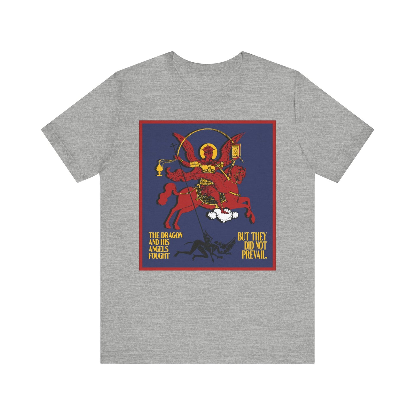 Athletic Heather tee featuring Archangel Michael defeating Satan the Dragon (Rev 12:7-8), Apocalyptic IconoGraphic design, and “But they did not prevail.” Orthodox Christian lightweight unisex cotton shirt.