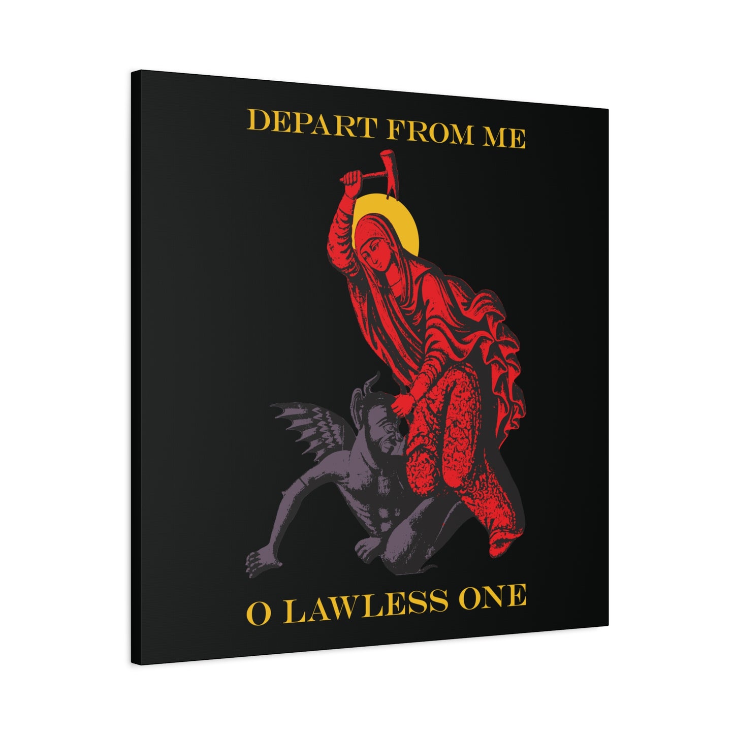 St Marina IconoGraphic (Depart from Me O Lawless One) | Saint Beating the Devil with a Hammer | Orthodox Christian Canvas Art