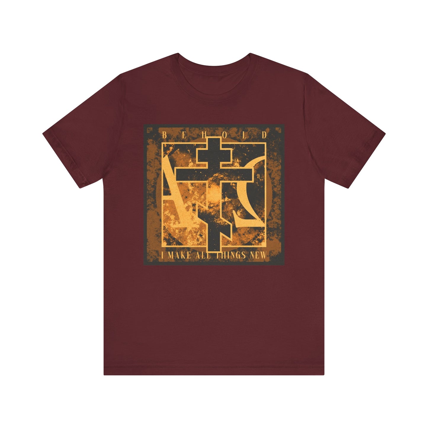 Maroon "Behold, I Make All Things New (Rev 21:5)" t-shirt with brown & orange Orthodox cross, Alpha & Omega background, and lightweight cotton fabric. Unisex fit; inspired by the new heaven and new earth.