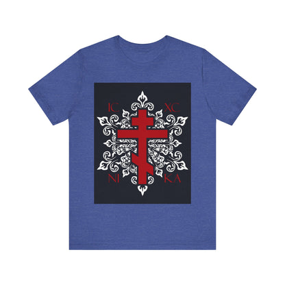 ICXC / NIKA Red Orthodox Cross on Ornate White Medieval Floral Design | Exclusive Best-Selling Orthodox Christian T-Shirt