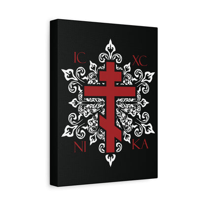 ICXC / NIKA Red Orthodox Cross on Ornate White Medieval Floral Design | Exclusive Best-Selling | Orthodox Christian Canvas Art