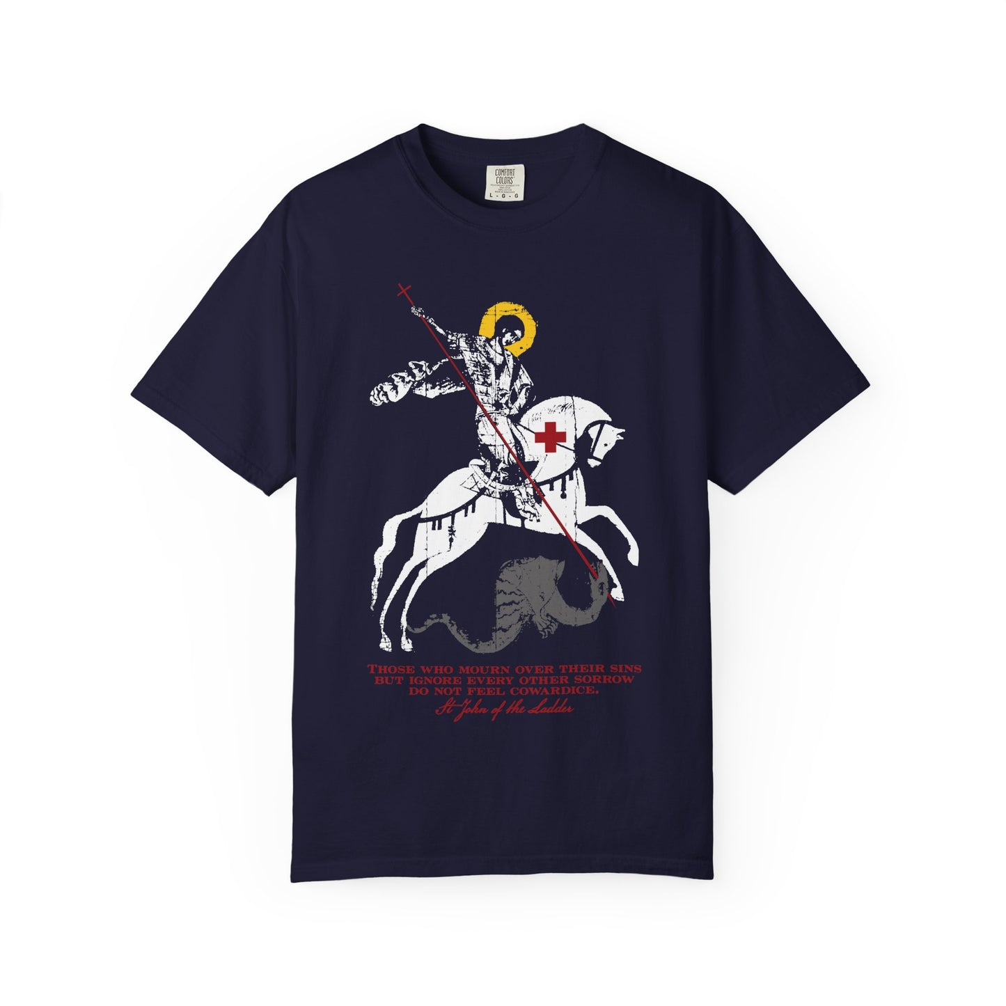 True Navy heavyweight cotton unisex tee featuring an iconographic graphic of St. George slaying the dragon and red text beneath, inspired by St. John Climacus’ reflections on those who mourn over their sins and Orthodox Christian teachings on godly sorrow.