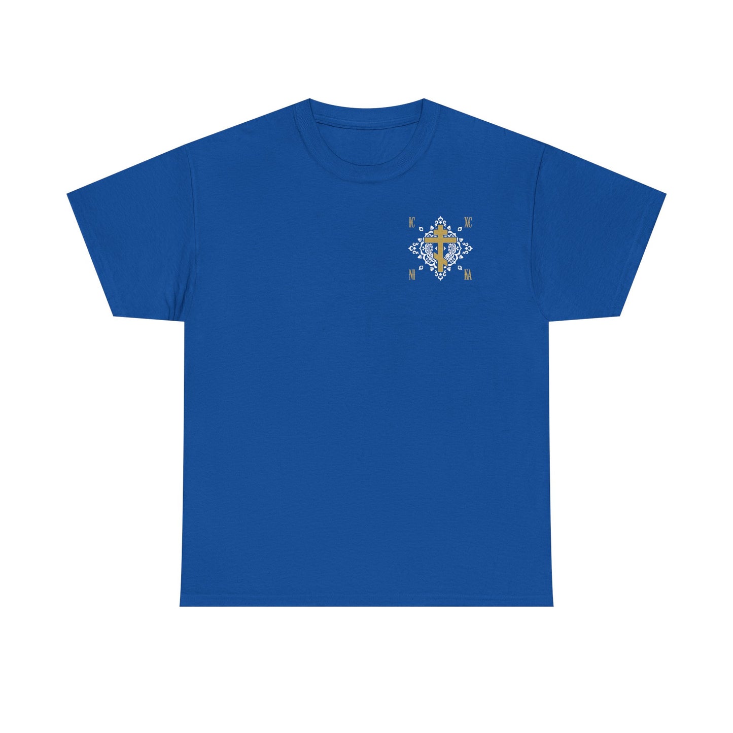 Gold Orthodox Cross ICXC NIKA  (Small Design) | White Medieval Ornate Floral Pattern | Jesus Christ Conquers | Midweight Cotton Unisex Tee