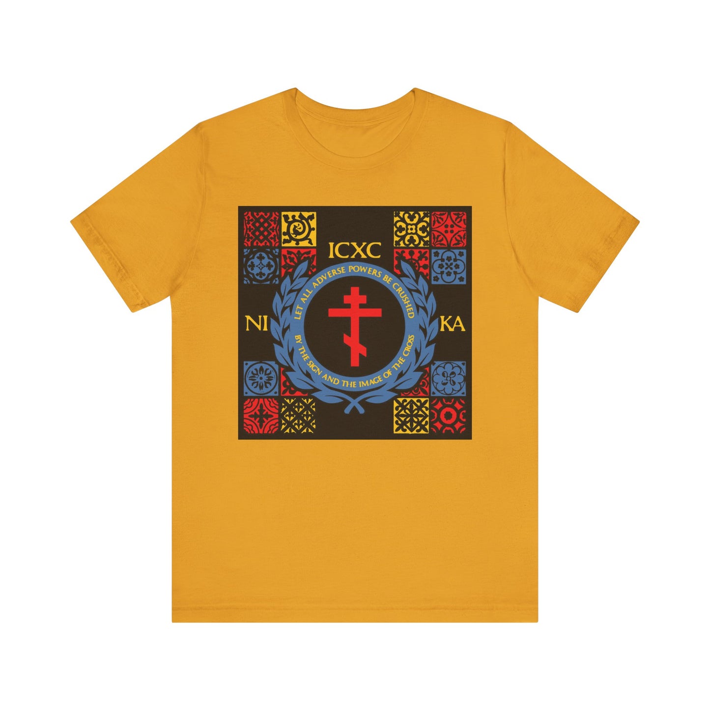 Mustard unisex t-shirt featuring a red, yellow & blue medieval tile design with ICXC NIKA text and religious imagery inspired by the Katavasia of the Cross. Lightweight cotton. "Let All Adverse Powers Be Crushed" design.