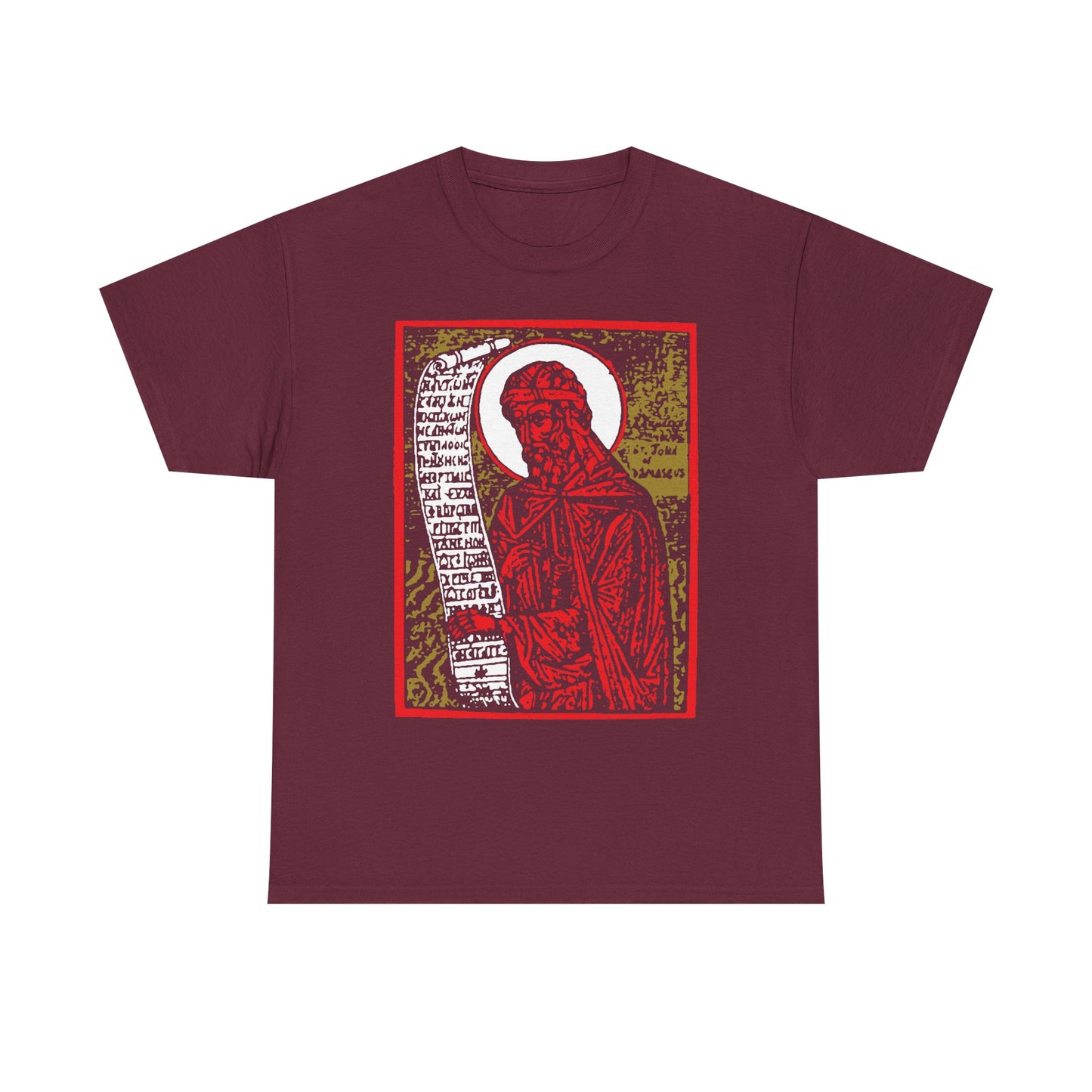 Maroon St. John of Damascus Icono-Graphic tee featuring a red, gold, and black high-contrast design inspired by Orthodox funeral hymns. Midweight cotton unisex fit.