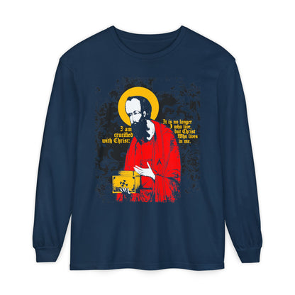 True Navy long-sleeve shirt featuring an iconographic graphic of St. Paul holding the gospel and “I am crucified with Christ (Galatians 2:20),” celebrating new life in Christ. Orthodox Christian design.
