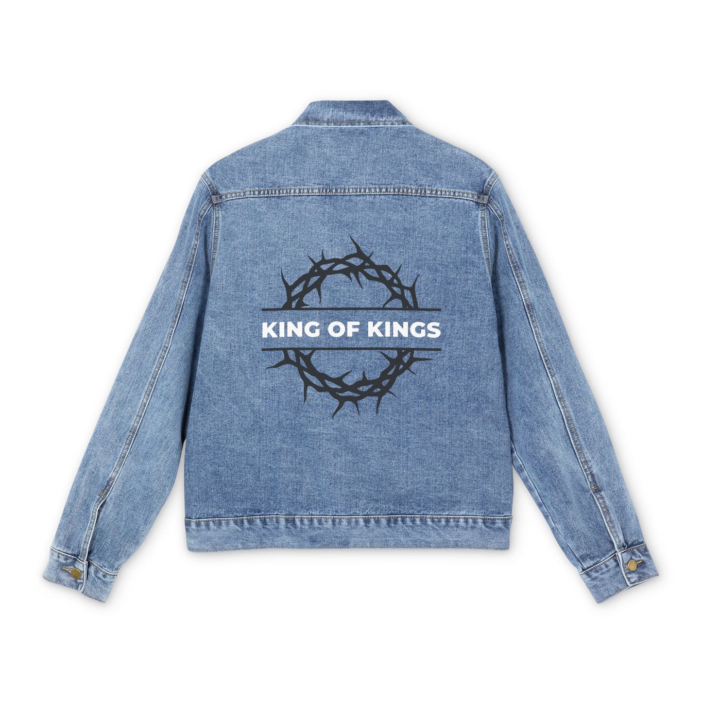 Medium denim wash "King of Kings Crown of Thorns" jean jacket, inspired by Revelation 19:16, features bold back graphics: a crown of thorns and "KING OF KINGS"—make a statement of faith with this unique Orthodox piece.