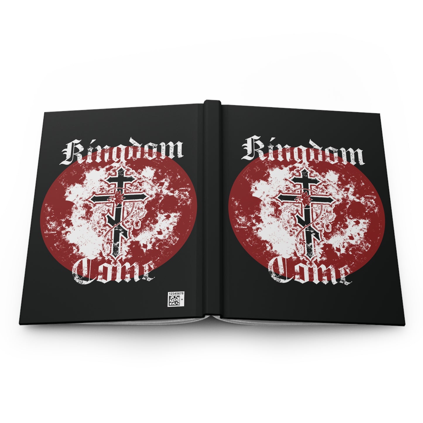 The Kingdom Come Orthodox Christian Hardcover Journal features a red and white cross with vine design and "Kingdom Come" in textured Gothic font, inspired by teachings on remembrance of death.