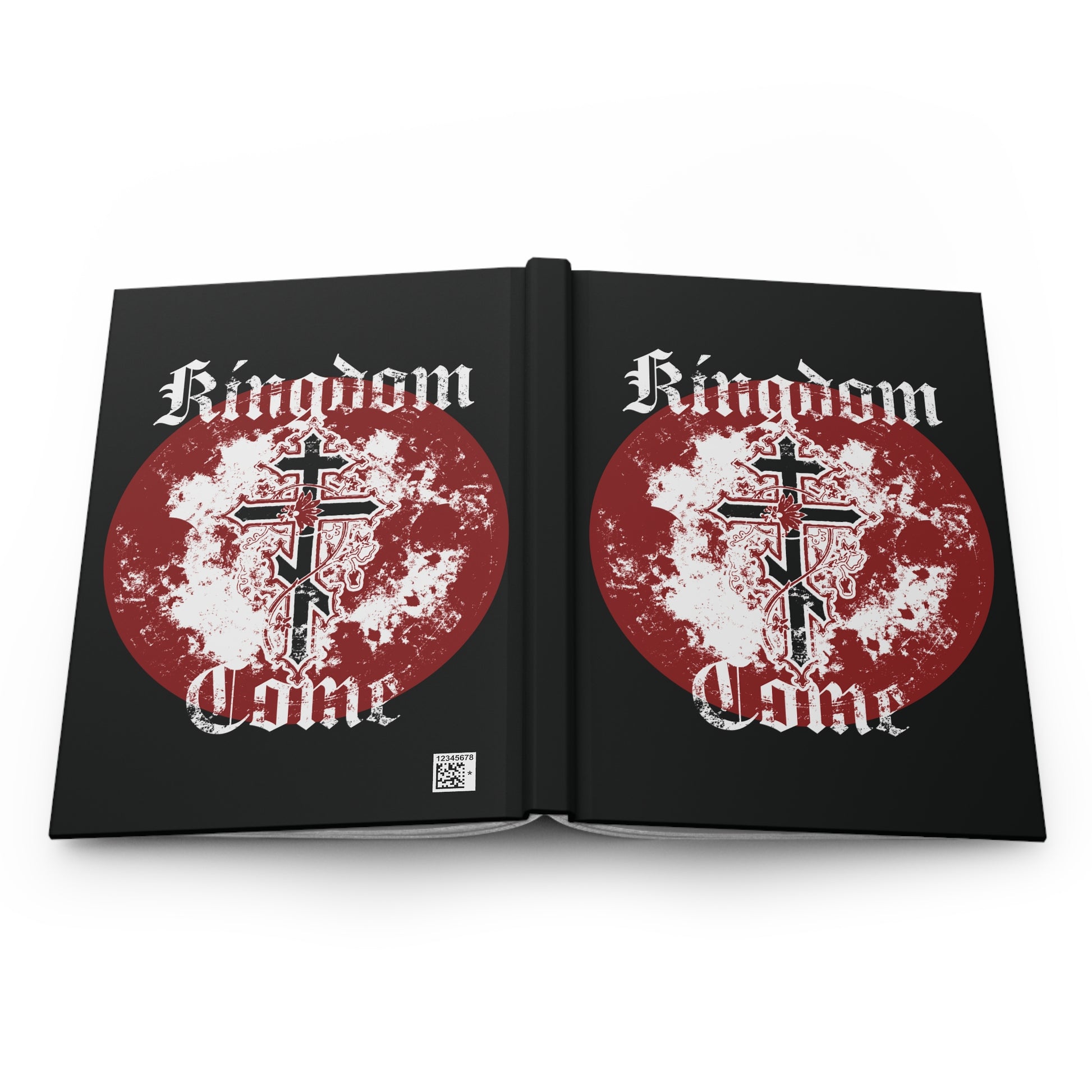 The Kingdom Come Orthodox Christian Hardcover Journal features a red and white cross with vine design and "Kingdom Come" in textured Gothic font, inspired by teachings on remembrance of death.