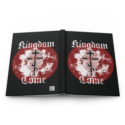 The Kingdom Come Orthodox Christian Hardcover Journal features a red and white cross with vine design and "Kingdom Come" in textured Gothic font, inspired by teachings on remembrance of death.
