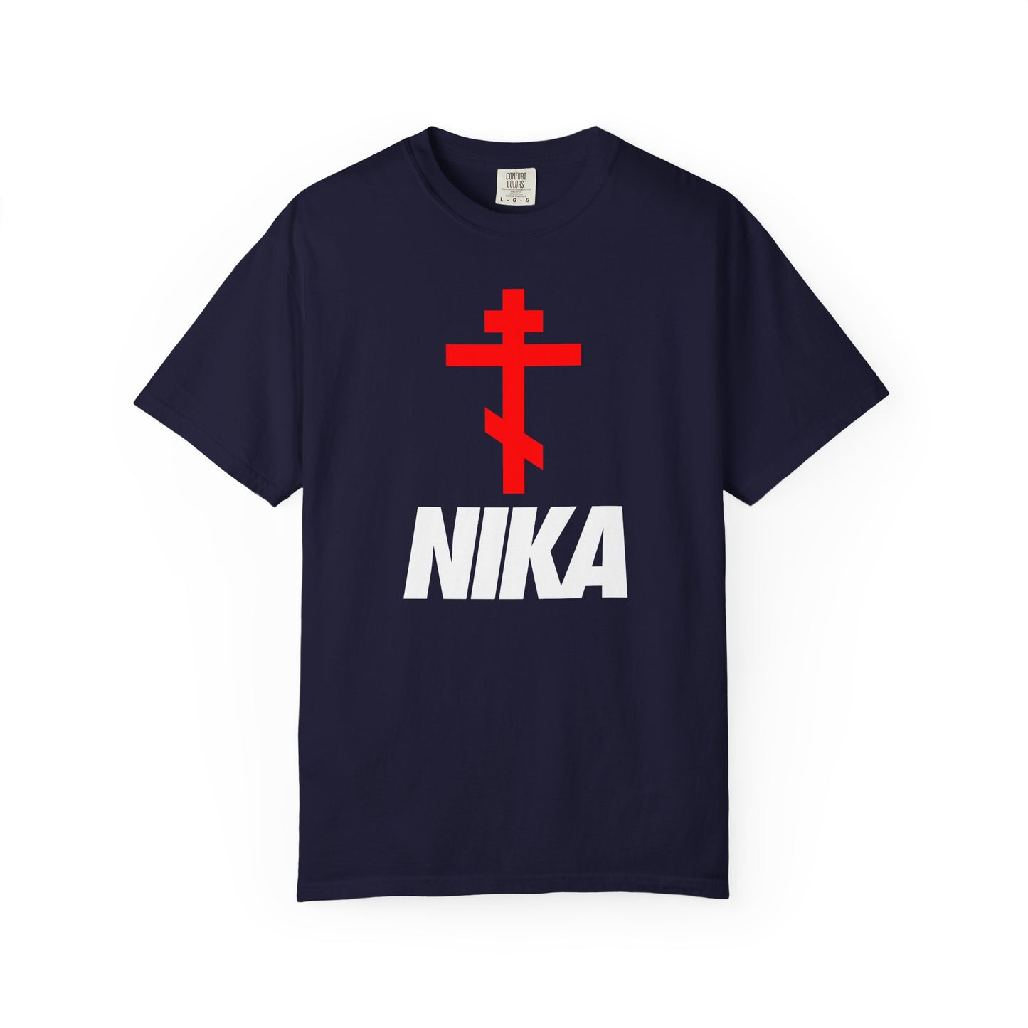 True Navy heavyweight cotton unisex tee with a red Orthodox cross and bold white NIKA text—a minimalist, athletic ascetic design inspired by Revelation 3:21. Features an iconic NIKE logo mashup for unique style.