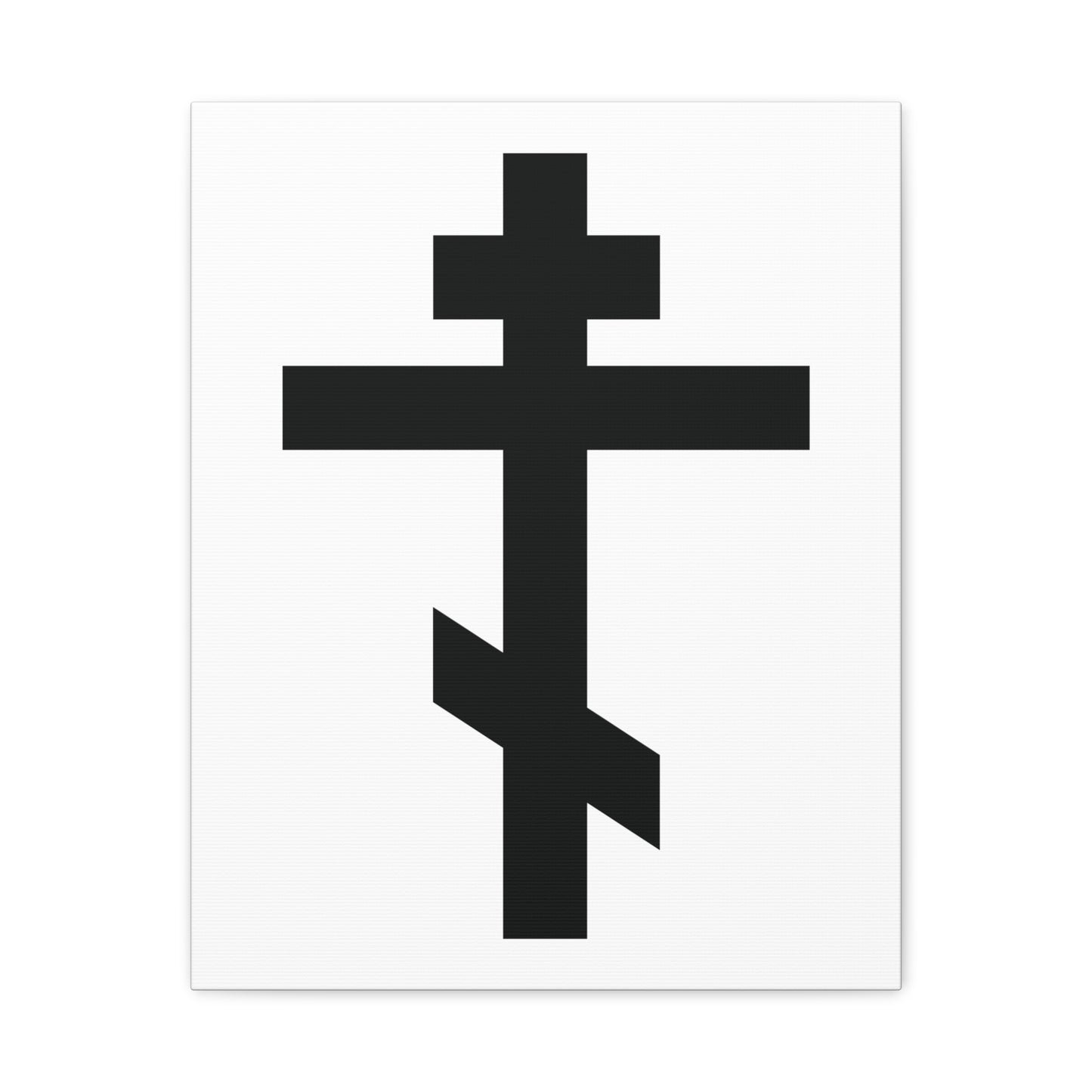 Black Orthodox Cross White Background canvas art features three bars, Gal 6:14 verse—"May I never boast, except in the cross of our Lord Jesus Christ"—highlighting Christian symbolism and Orthodox faith.
