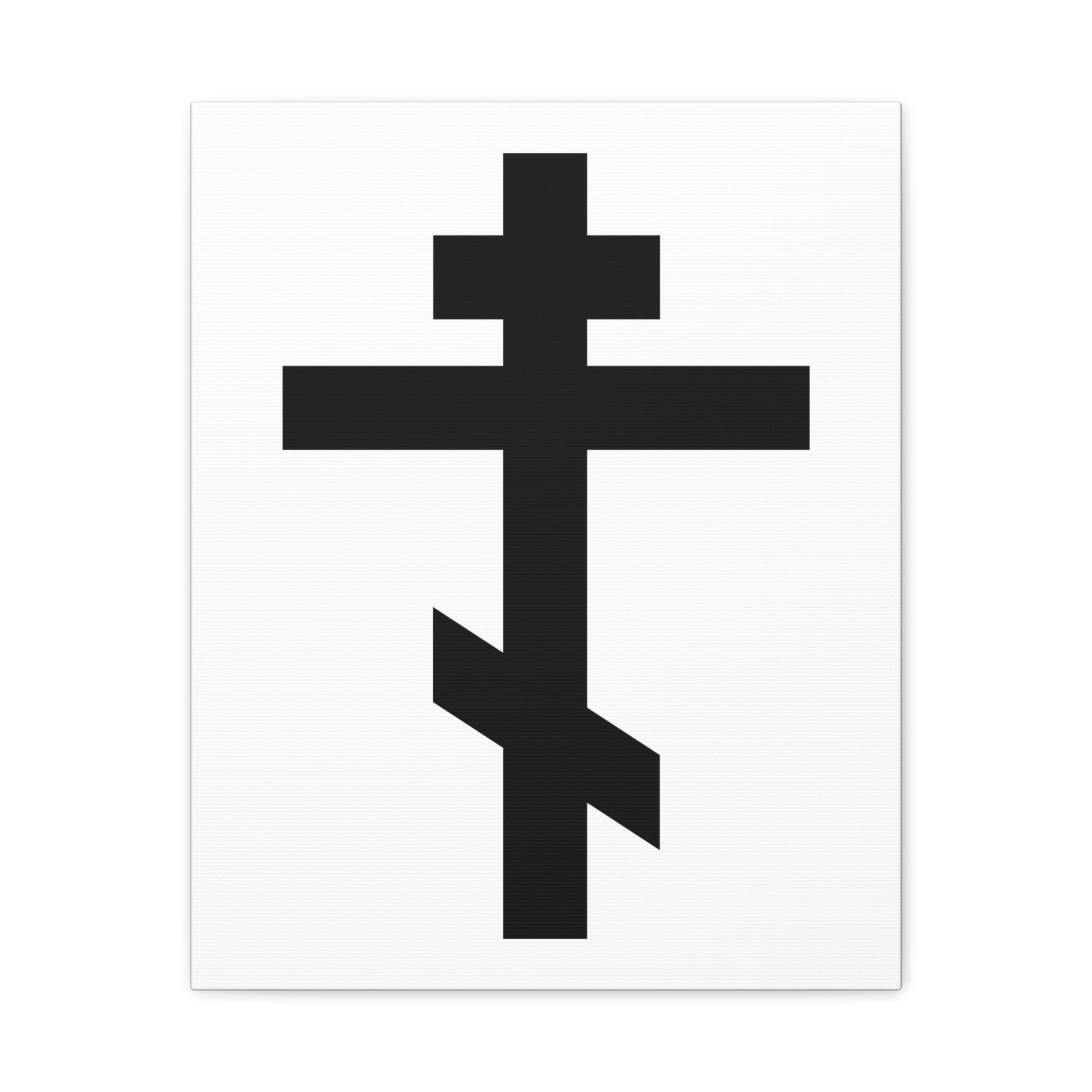 Black Orthodox Cross White Background canvas art features three bars, Gal 6:14 verse—"May I never boast, except in the cross of our Lord Jesus Christ"—highlighting Christian symbolism and Orthodox faith.
