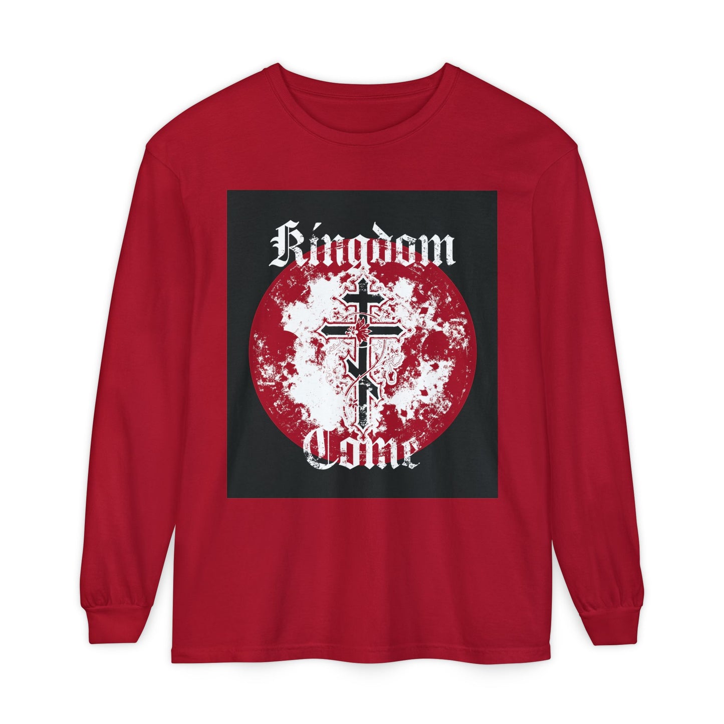 Kingdom Come | Lord's Prayer | Orthodox Cross with Vine | Textured Gothic Font | Orthodox Long Sleeve Cotton Shirt
