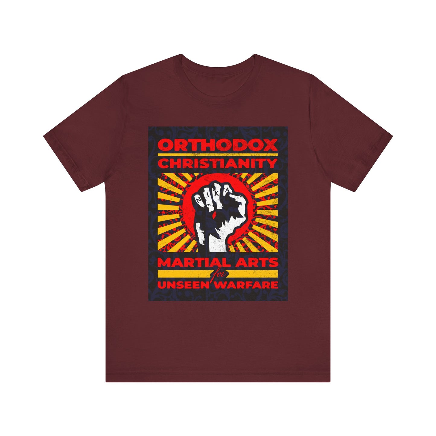 Introducing the maroon "Orthodox Christianity: Martial Arts for Unseen Warfare" lightweight cotton unisex tee, featuring a bold NIKA Jesus Fist on a colorful sunburst design—symbolizing the spiritual struggle and path to Christian virtue as championed by Archbishop Averky.