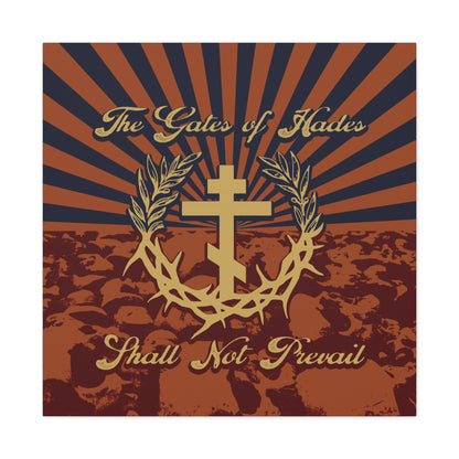 The Gates of Hades Shall Not Prevail | Cross with Wreath & Crown of Thorns | Skulls and Rays | Orthodox Christian Canvas Art