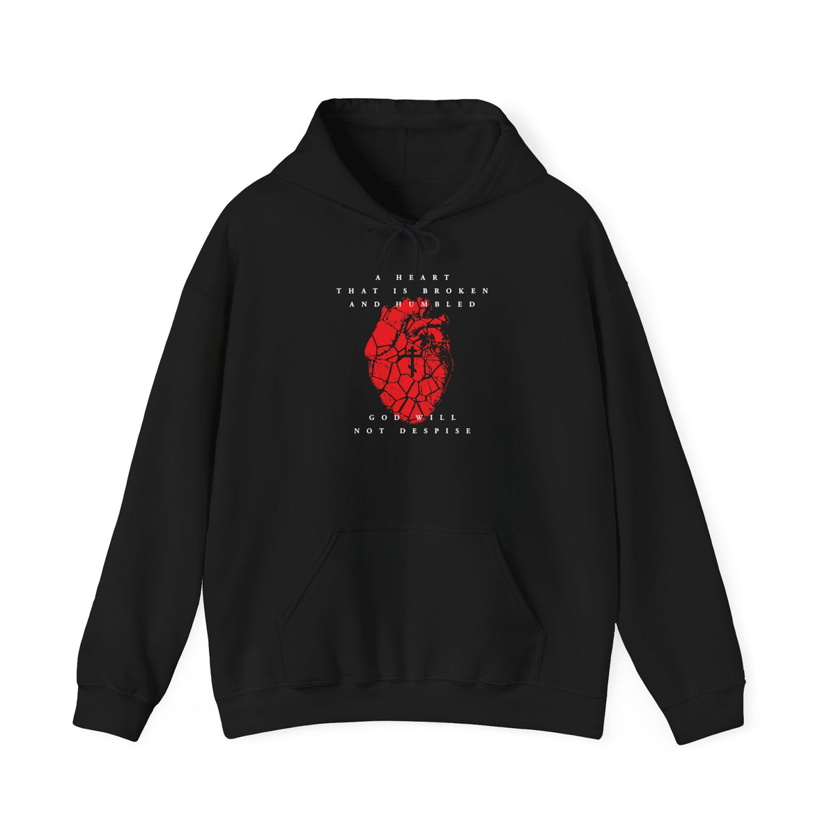 Black hoodie featuring a cracked anatomical heart with an Orthodox cross and white text inspired by Psalm 51—a prayer for repentance and forgiveness—designed for Christian reflection: “A Heart That is Broken and Humbled God Will Not Despise.”.