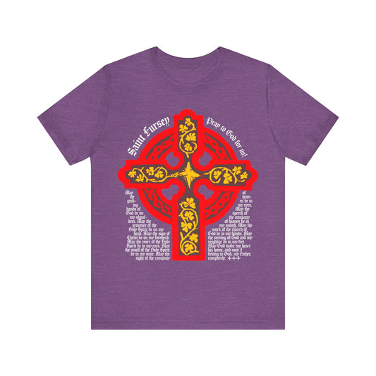 Heather Team Purple cotton t-shirt featuring a red and yellow Celtic Cross and the Lorica Shield Prayer of St. Fursey, inspired by Irish Orthodox Western Rite tradition.
