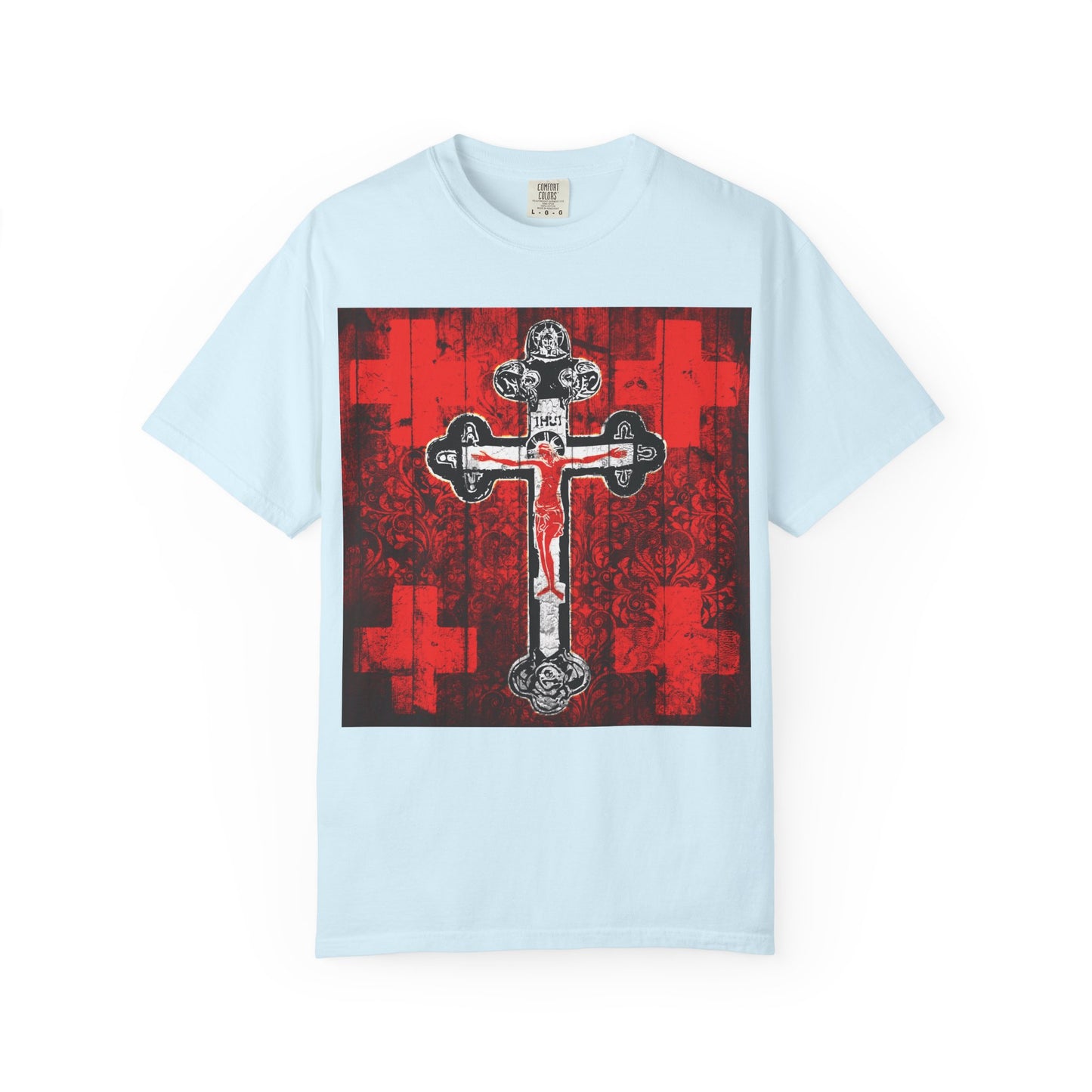 Chambray Alpha & Omega Art Cross heavyweight cotton unisex tee featuring a striking red, white, and black ornate crucifix graphic inspired by the Adoration of the Precious and Life-Giving Cross—a meaningful Christian piece ideal for Great Lent or Vespers.