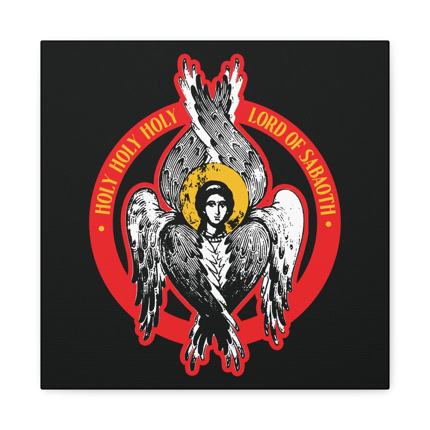 The "Holy Holy Holy, Lord of Sabaoth" Orthodox Seraphim Angel Iconographic Christian Wall Art features a six-winged angel with halo and Isaiah 6 text: Holy Holy Holy Lord of hosts, on a black background.