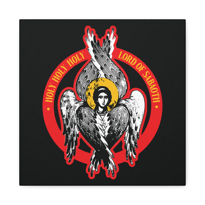 The "Holy Holy Holy, Lord of Sabaoth" Orthodox Seraphim Angel Iconographic Christian Wall Art features a six-winged angel with halo and Isaiah 6 text: Holy Holy Holy Lord of hosts, on a black background.