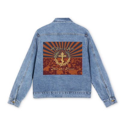 The Gates of Hades Shall Not Prevail | Cross with Wreath & Crown of Thorns | Skulls and Rays | Orthodox Christian Blue Denim Jacket