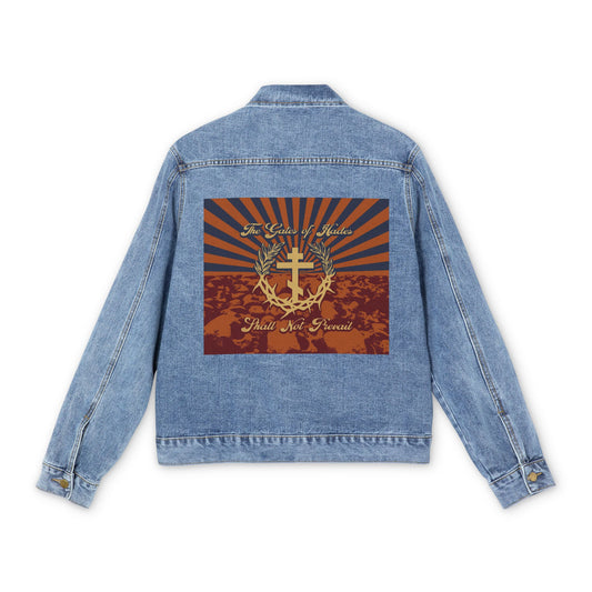 The Gates of Hades Shall Not Prevail | Cross with Wreath & Crown of Thorns | Skulls and Rays | Orthodox Christian Blue Denim Jacket