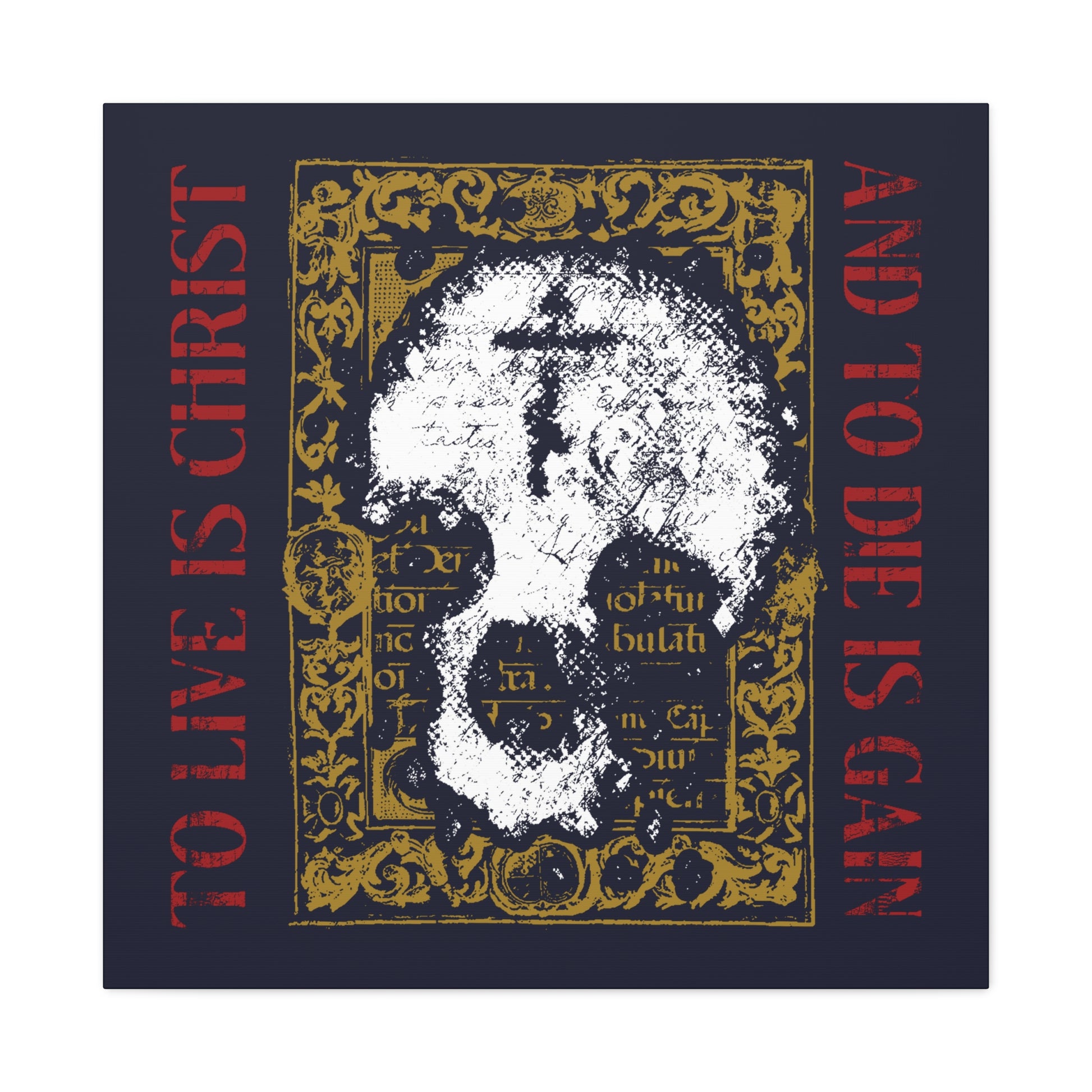 To Live is Christ, to Die is Gain" (Philippians 1:21) Orthodox Christian canvas art features a white skull with cross on gold manuscript texture—an inspiring reflection of faith.