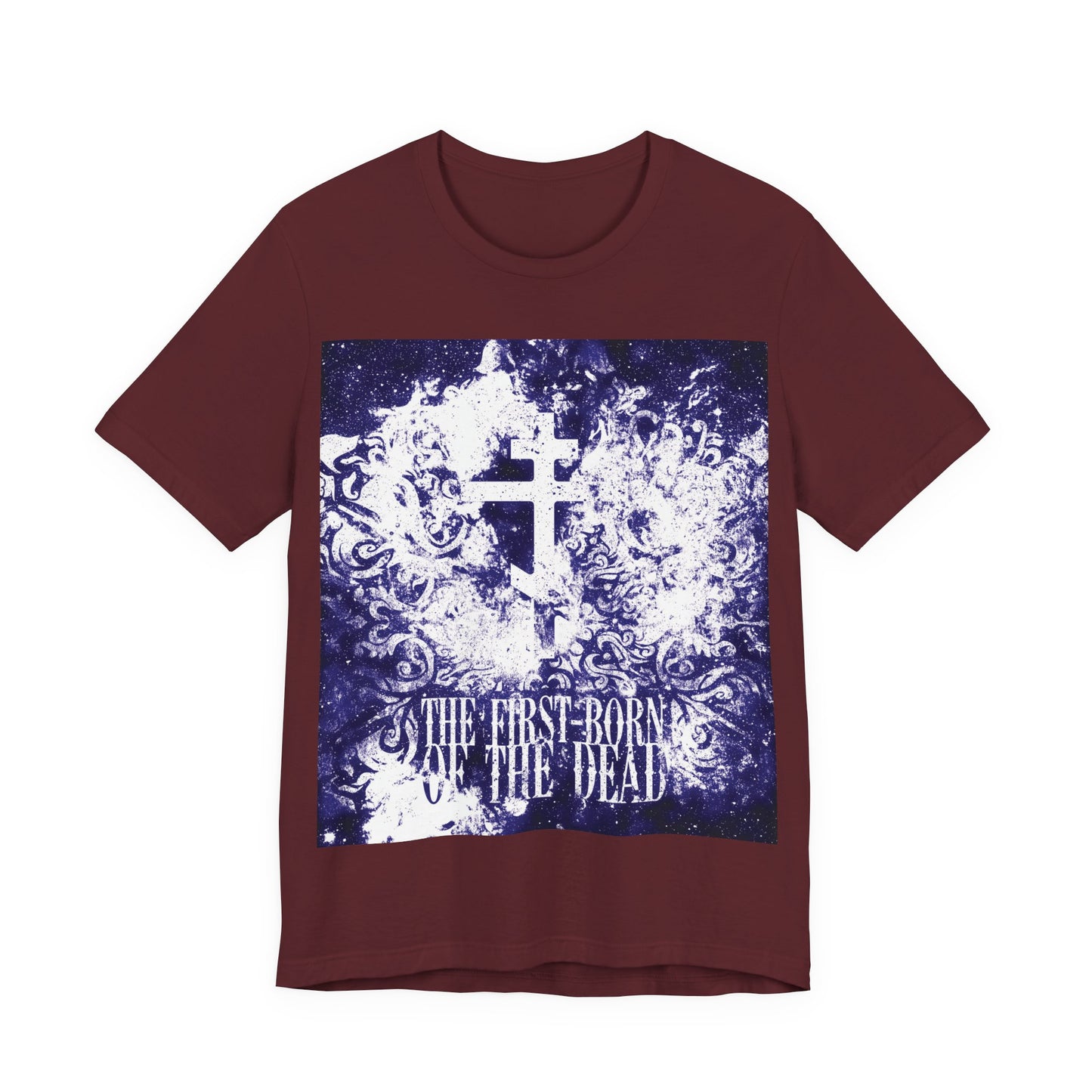 The First-Born of the Dead | Glowing White & Blue Textured Cosmic Orthodox Cross | Resurrection & Apocalypse | Christian Unisex Cotton Tee