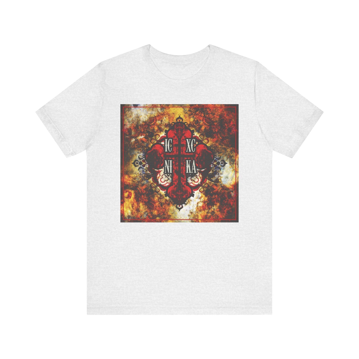 ICXC NIKA Bold Colorful Textured Red Orthodox Cross | Christian Lightweight Cotton Unisex Tee in ash, featuring a vibrant red Orthodox cross and Greek lettering on a bold, grunge-style multicolored background—subtly inspired by St Ambrose of Optina’s teachings to keep Jesus in your heart even amidst unclean thoughts.