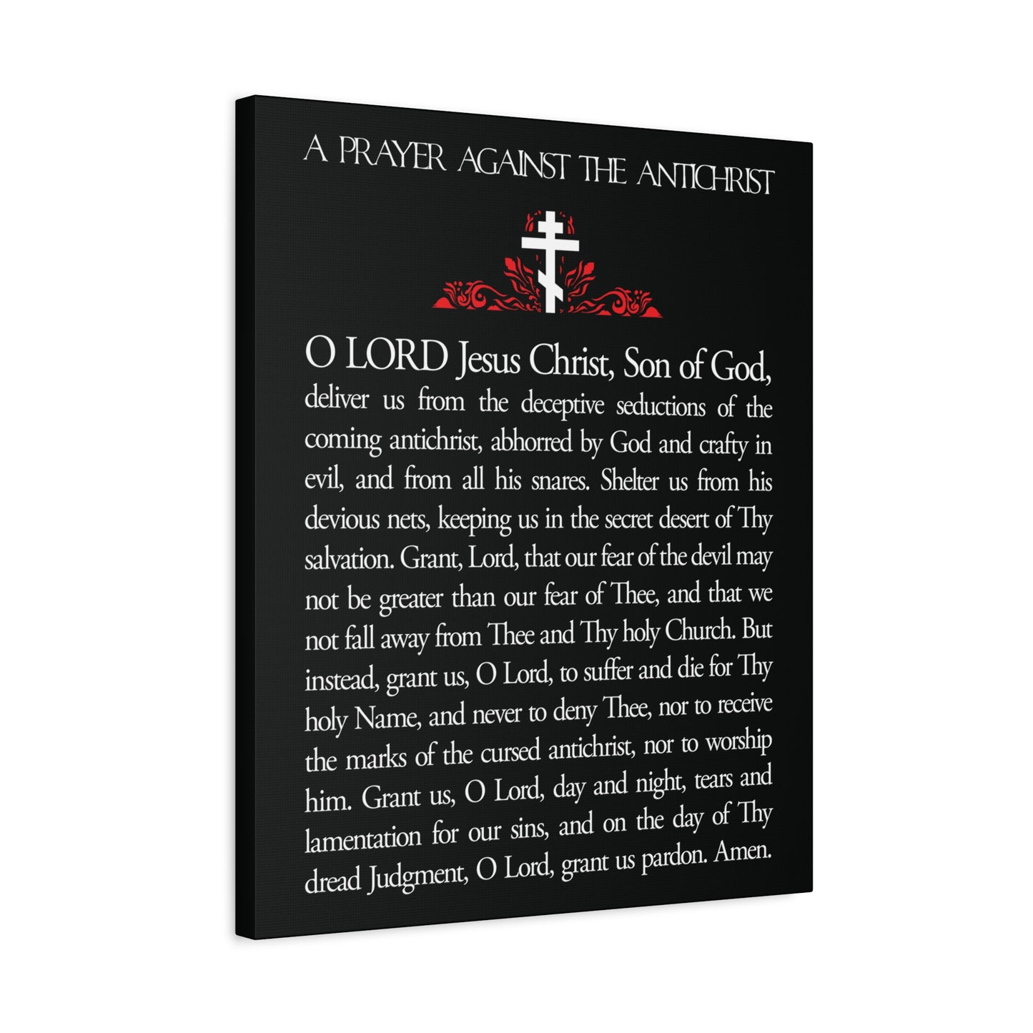 Black canvas wall art titled "Prayer Against the Antichrist By Elder Anatoly the Younger of Optina," featuring a cross and bold red design. Orthodox Christian decor inspired by the Book of Revelation—Christ is King.