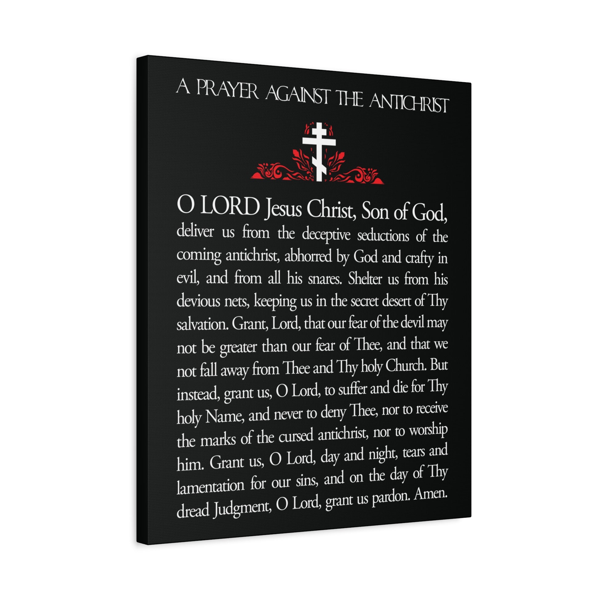 Black canvas wall art titled "Prayer Against the Antichrist By Elder Anatoly the Younger of Optina," featuring a cross and bold red design. Orthodox Christian decor inspired by the Book of Revelation—Christ is King.