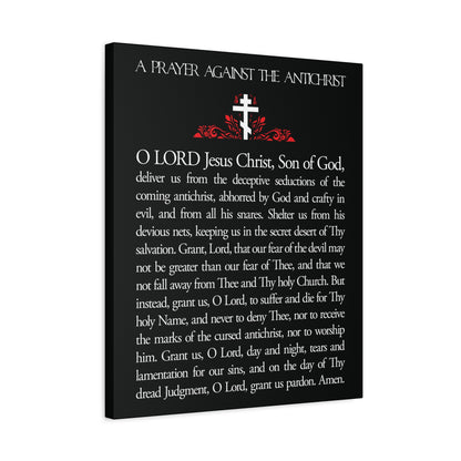 Black canvas wall art titled "Prayer Against the Antichrist By Elder Anatoly the Younger of Optina," featuring a cross and bold red design. Orthodox Christian decor inspired by the Book of Revelation—Christ is King.