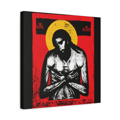 The King of Glory Jesus Christ "Extreme Humility" IconoGraphic features stylized religious art with a yellow halo, red background, and “The King of Glory” text, perfect as Christian devotional wall art.