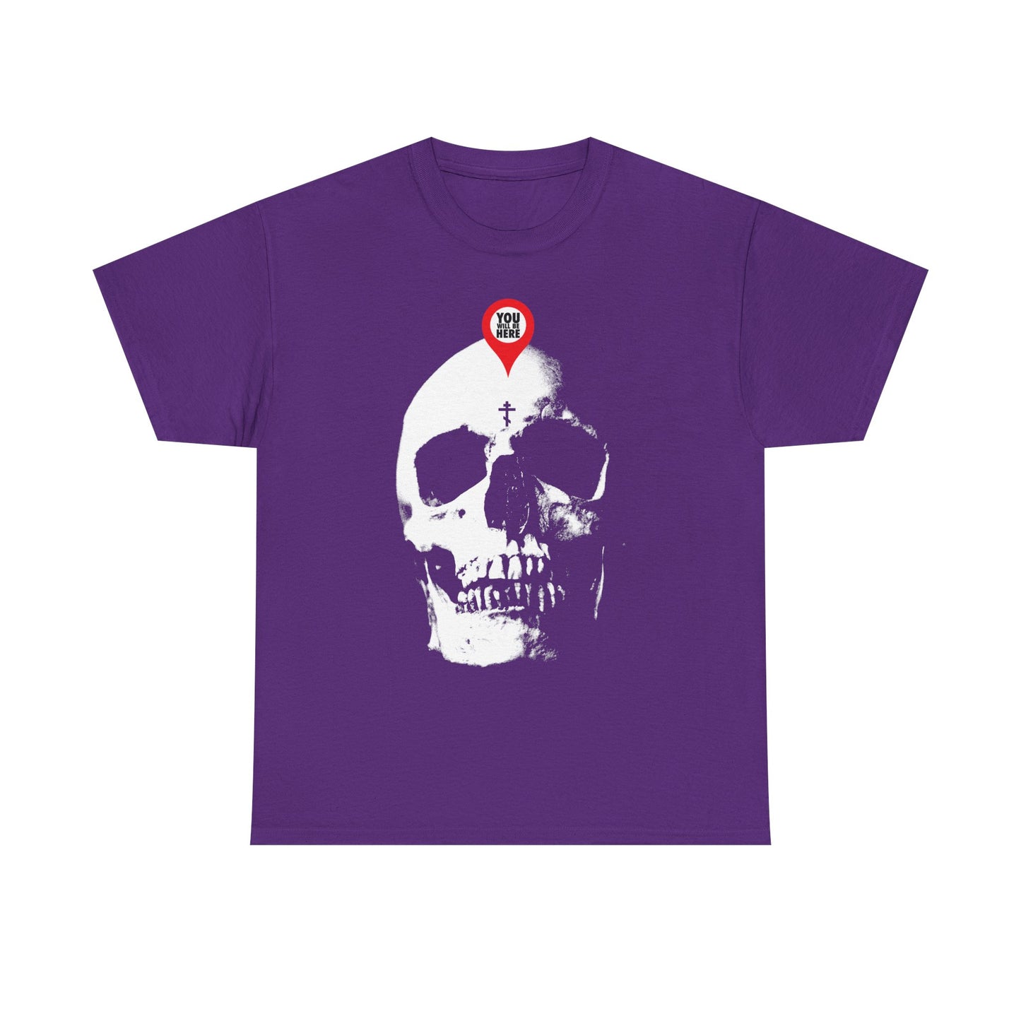 Purple midweight cotton unisex tee featuring a bold white skull with a red "You Are Here" map marker—memento mori design inspired by St. Ignatius Brianchaninov. Product: You Will Be Here Maps Marker on Skull Design.