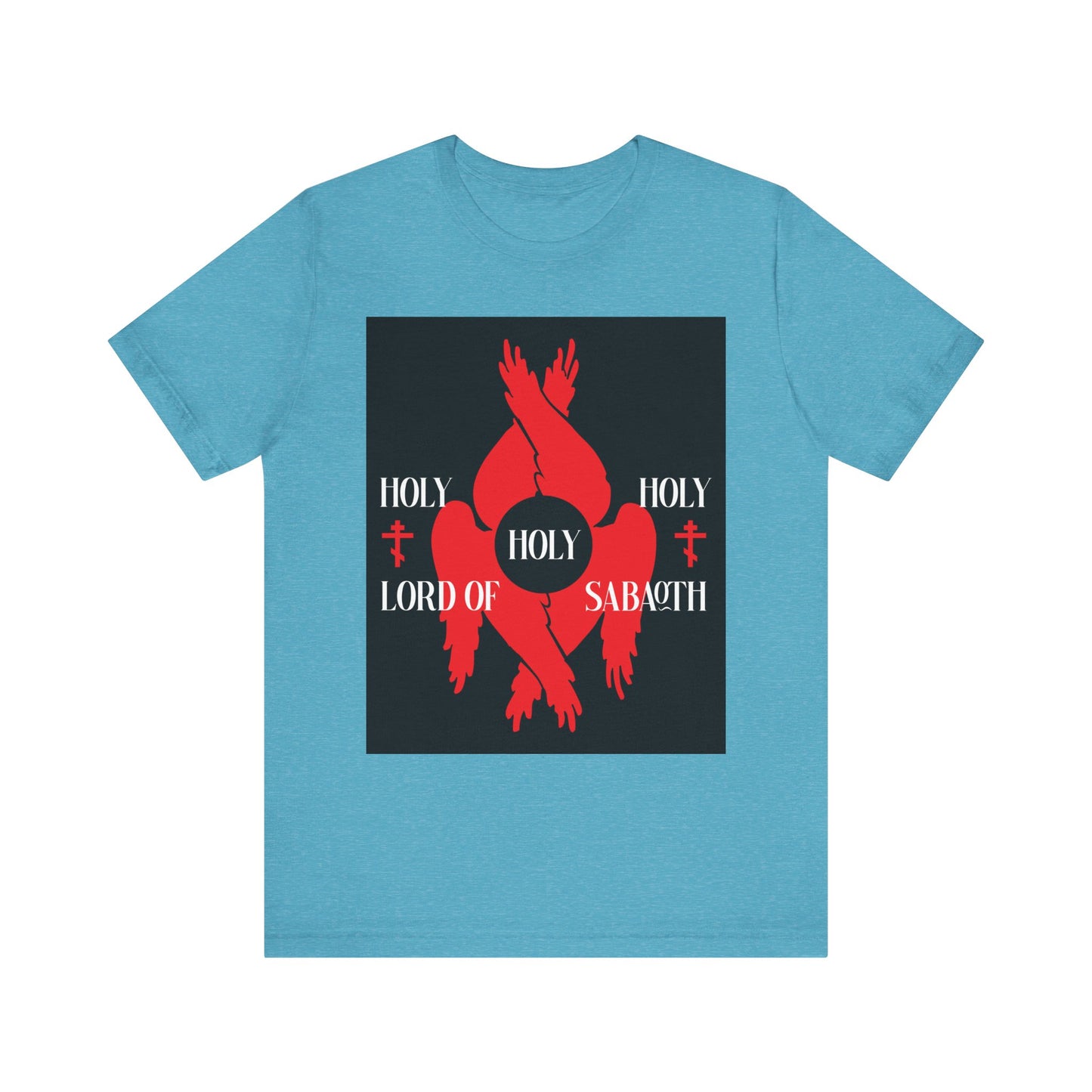 Heather Aqua unisex lightweight cotton t-shirt featuring red seraphim wings, Orthodox crosses, and white "HOLY HOLY HOLY LORD OF SABAOTH" text inspired by Isaiah 6:3 and the Divine Council.