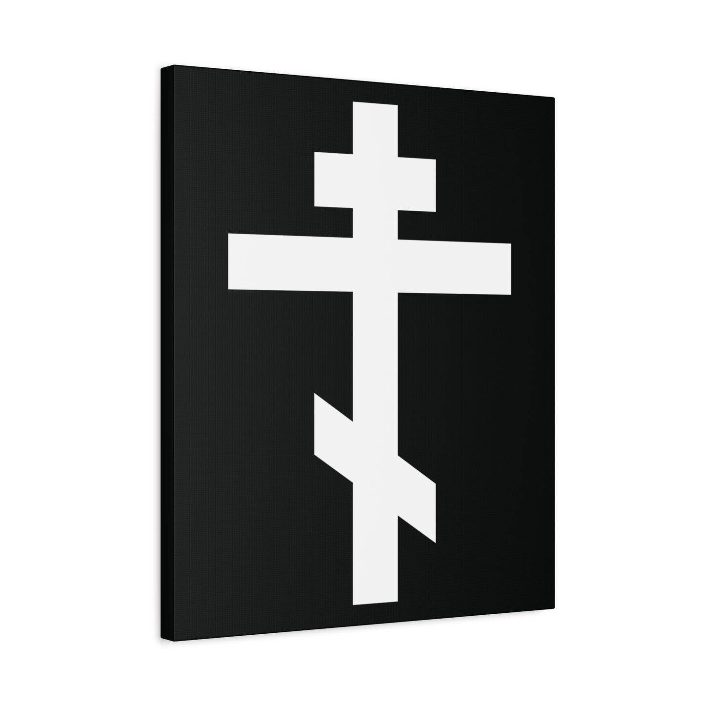 The "White Orthodox Cross | 'May I never boast, except in the cross of our Lord Jesus Christ' (Gal 6:14) | Orthodox Canvas Art" features a bold white cross on a black rectangular canvas.
