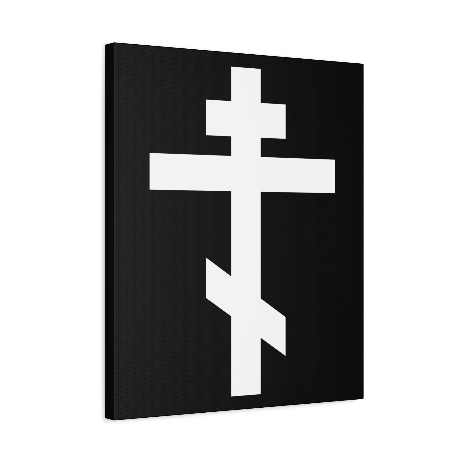The "White Orthodox Cross | 'May I never boast, except in the cross of our Lord Jesus Christ' (Gal 6:14) | Orthodox Canvas Art" features a bold white cross on a black rectangular canvas.