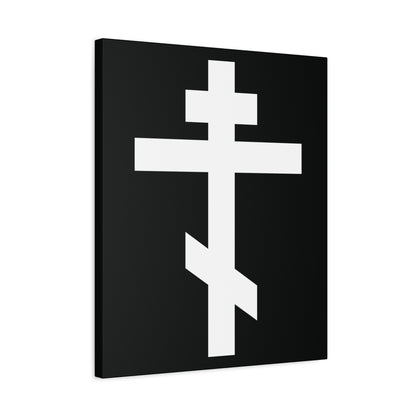 The "White Orthodox Cross | 'May I never boast, except in the cross of our Lord Jesus Christ' (Gal 6:14) | Orthodox Canvas Art" features a bold white cross on a black rectangular canvas.