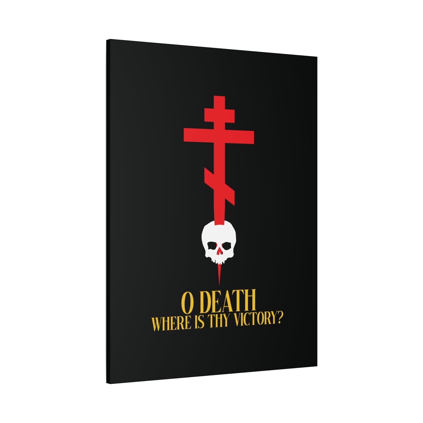 O Death Where is Thy Victory? (1 Corinthians 15:55) | Cross Stabbing Skull | Yellow Text | Orthodox Christian Canvas Art