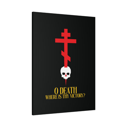 O Death Where is Thy Victory? (1 Corinthians 15:55) | Cross Stabbing Skull | Yellow Text | Orthodox Christian Canvas Art