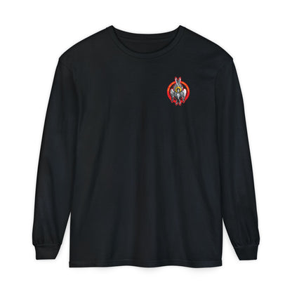 Black long-sleeve cotton shirt featuring a small, colorful Seraphim Angel graphic on the left chest, inspired by Christian spirituality. Product: Holy Holy Holy Seraphim Angel Icono-Graphic (Small Design) | Heavenly Hosts of God.