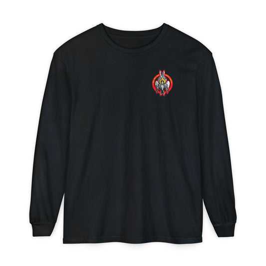 Black long-sleeve cotton shirt featuring a small, colorful Seraphim Angel graphic on the left chest, inspired by Christian spirituality. Product: Holy Holy Holy Seraphim Angel Icono-Graphic (Small Design) | Heavenly Hosts of God.