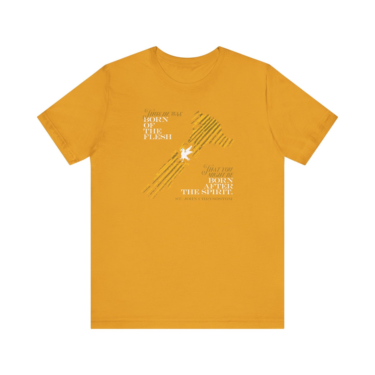 Mustard "Thus He Was Born of the Flesh That You Might Be Born of the Spirit" T-shirt featuring abstract lines, a white dove, and an inscription inspired by John Chrysostom’s Orthodox Christian teachings on being born of the Spirit rather than the flesh; lightweight cotton unisex design.